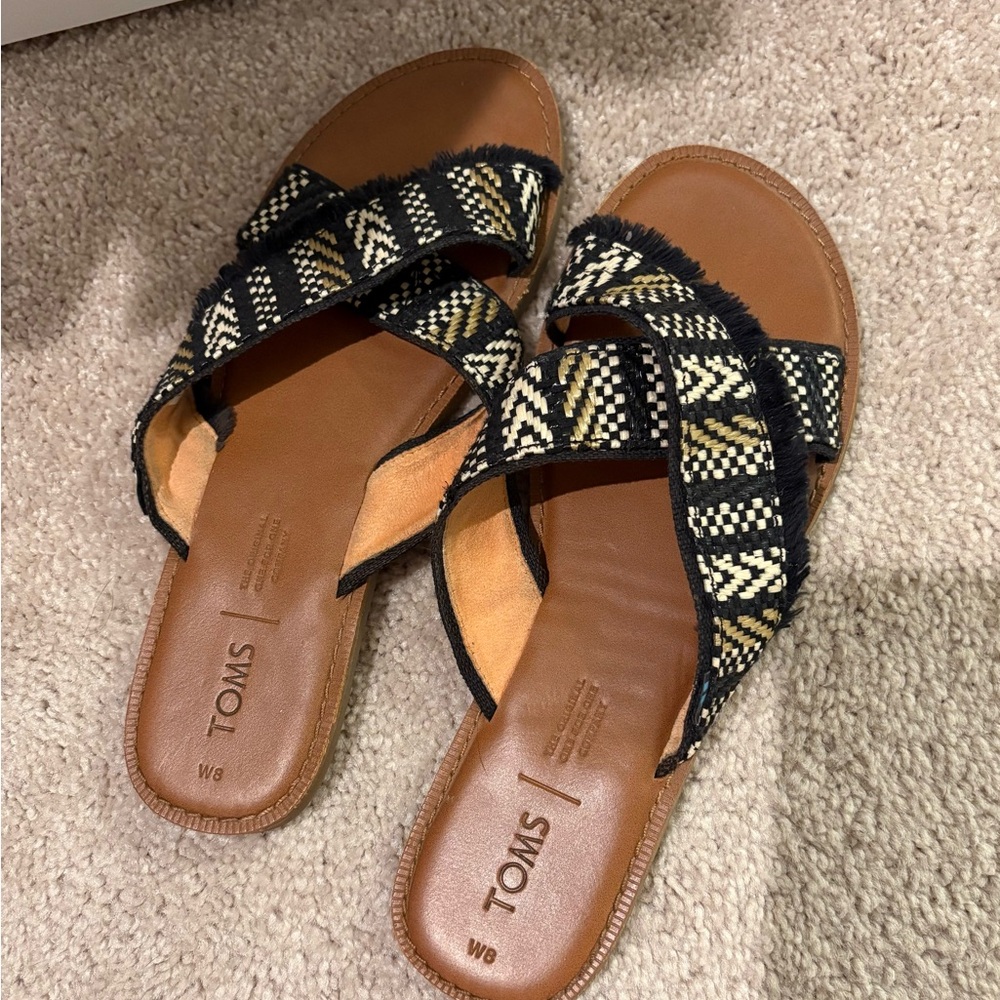 Toms Black and Tan Slide Sandals with Woven Design